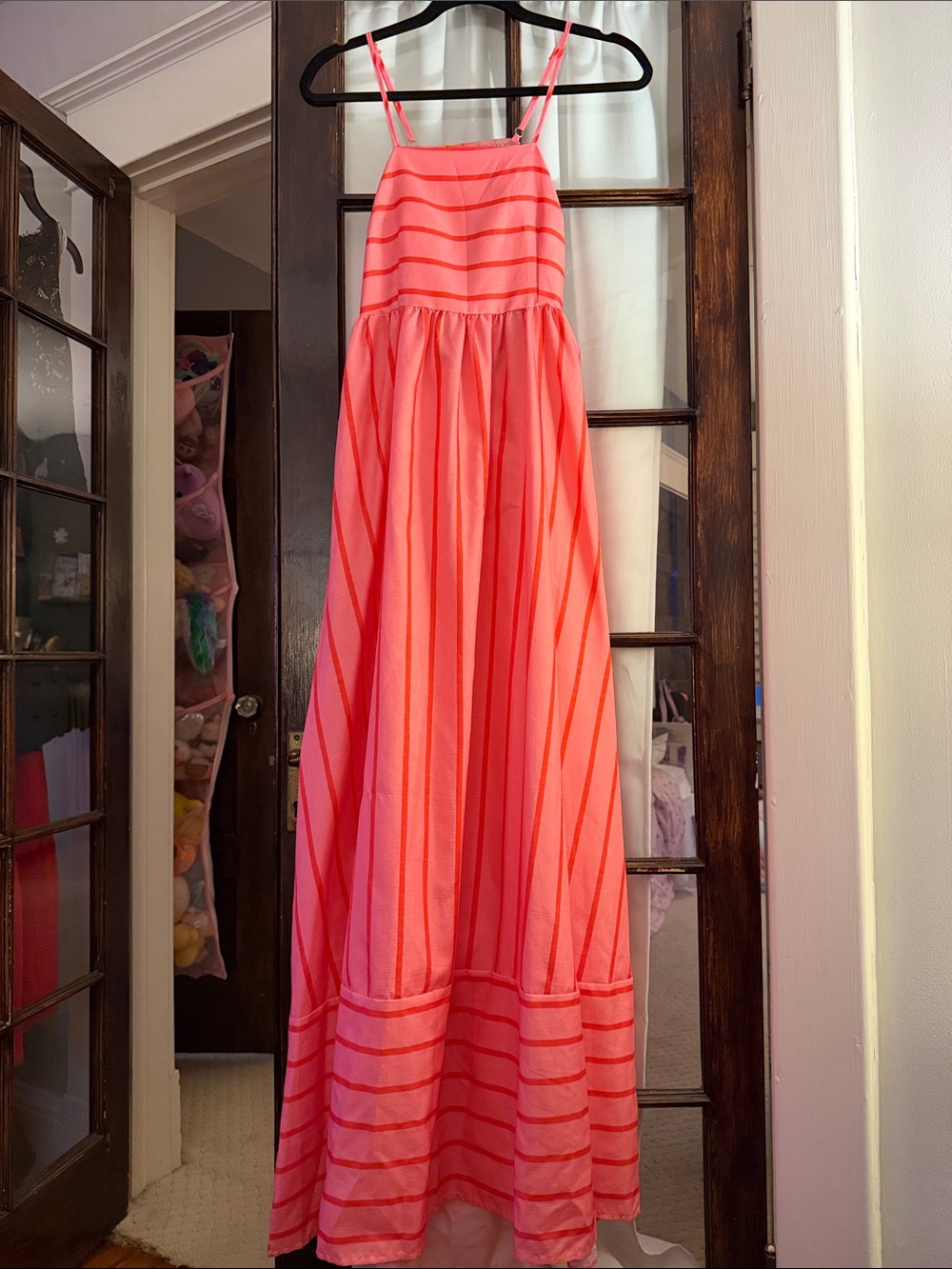 Coral Pink Striped Maxi Dress with Slim Straps